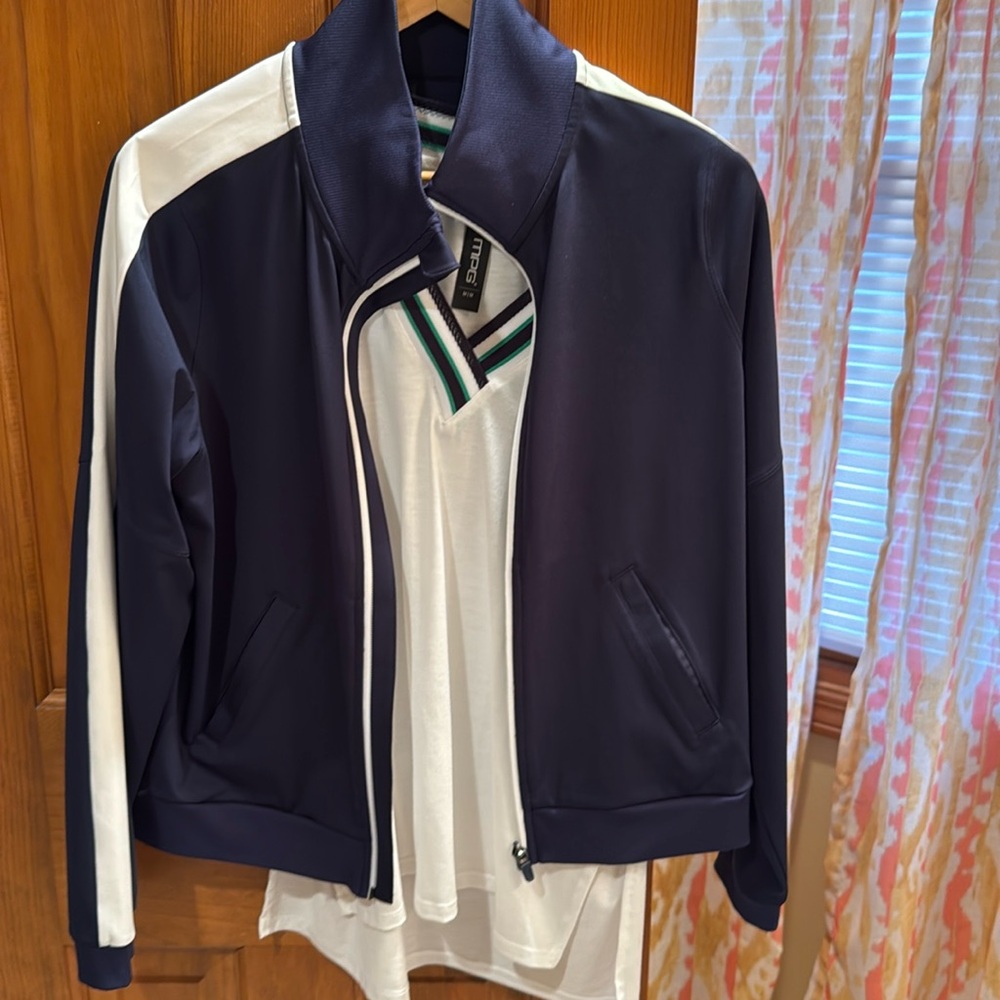 MPG Navy and white stripes track jacket and matching tank top